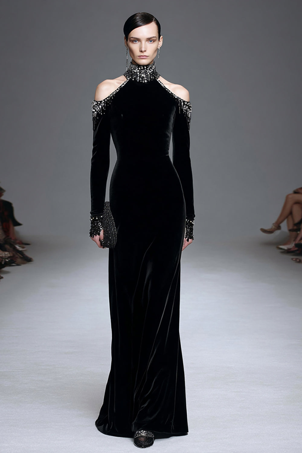 Black Velvet High Neck Long Sleeves Sparkly Holiday Party Dress with Beading