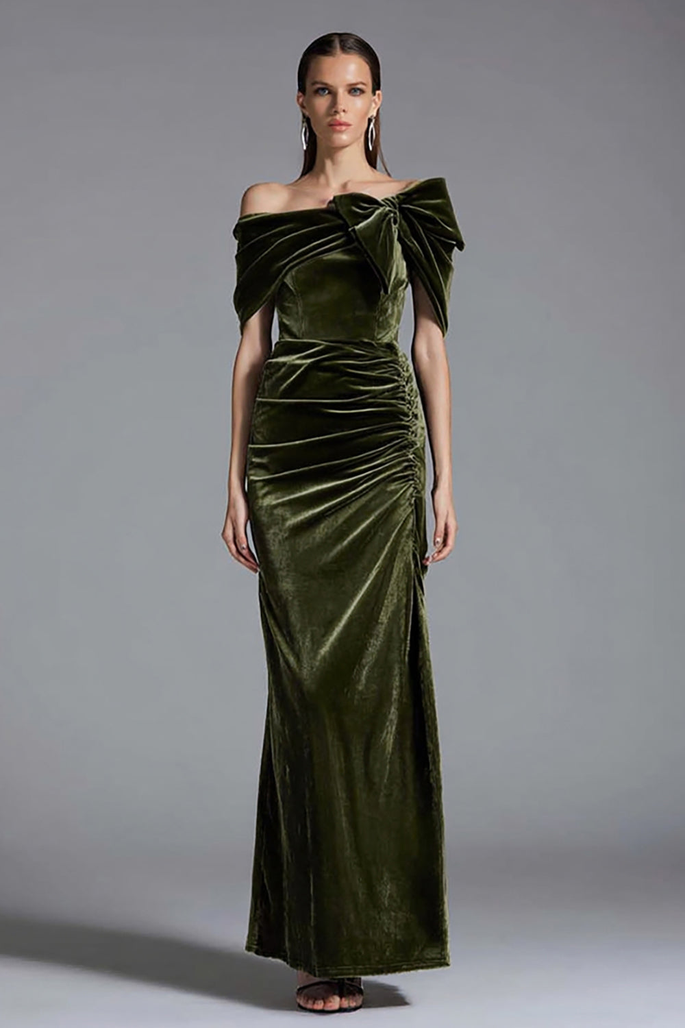 Olive Sheath Off the Shoulder Maxi Velvet Holiday Party Dress with Bow