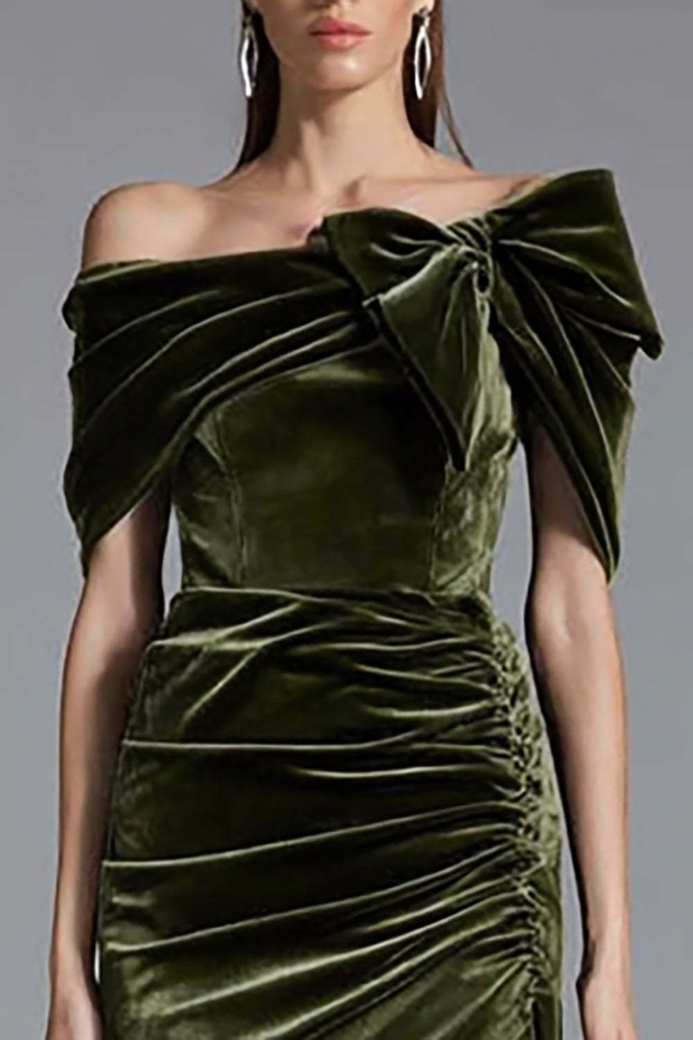 Olive Sheath Off the Shoulder Maxi Velvet Holiday Party Dress with Bow