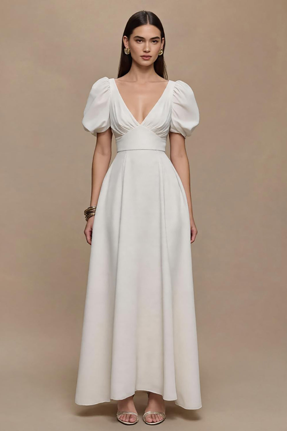 Ivory Satin V-Neck Puff Sleeves A Line Maxi Formal Dress