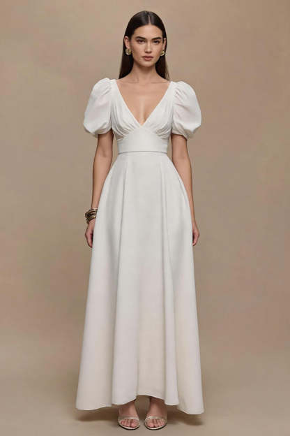 Leely Women Ivory Satin Puff Sleeves Maxi Formal Dress V-Neck A Line Ruched Rehearsal Dinner Dress