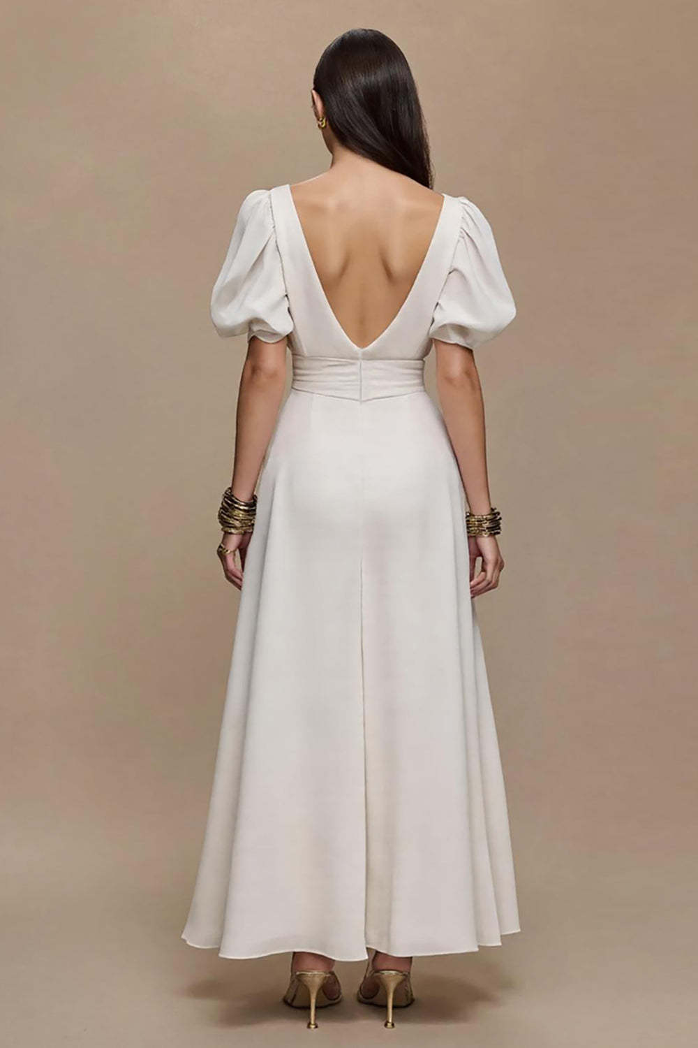 Ivory Satin V-Neck Puff Sleeves A Line Maxi Formal Dress