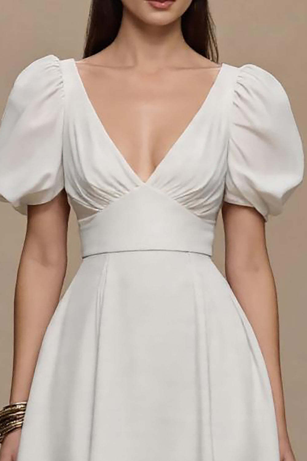 Ivory Satin V-Neck Puff Sleeves A Line Maxi Formal Dress