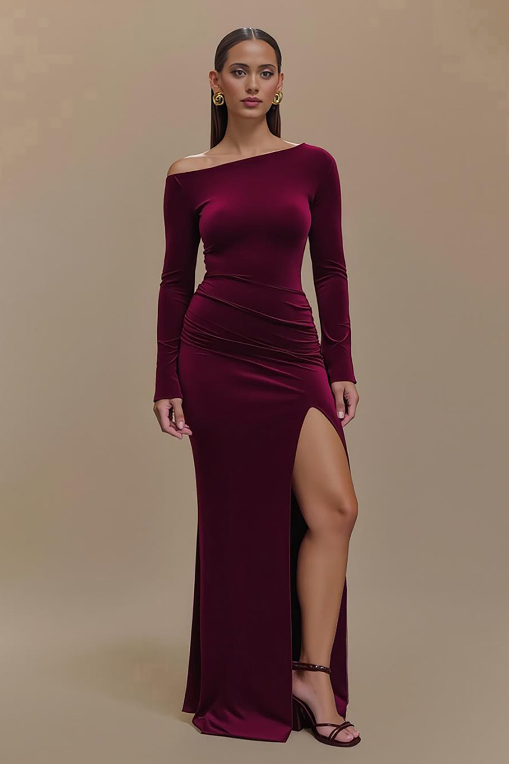 Leely Women Burgundy Satin Sheath Maxi Formal Dress with Slit One Shoulder Evening Dress with Sleeves