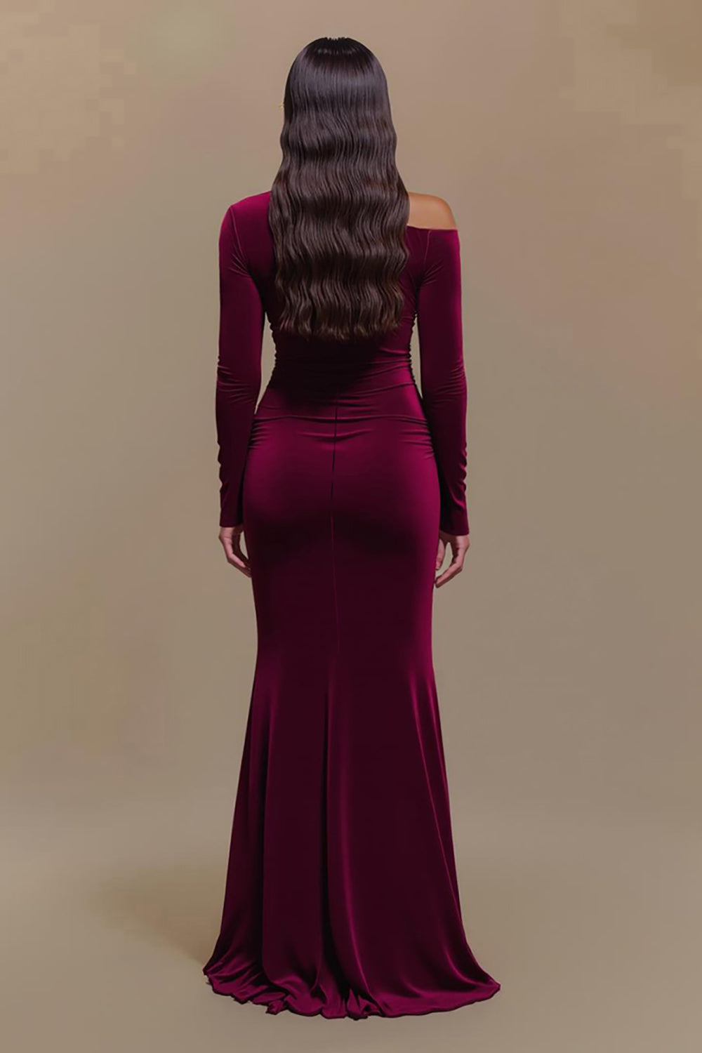 Burgundy One Shoulder Satin Sheath Long Sleeves Formal Dress with Slit