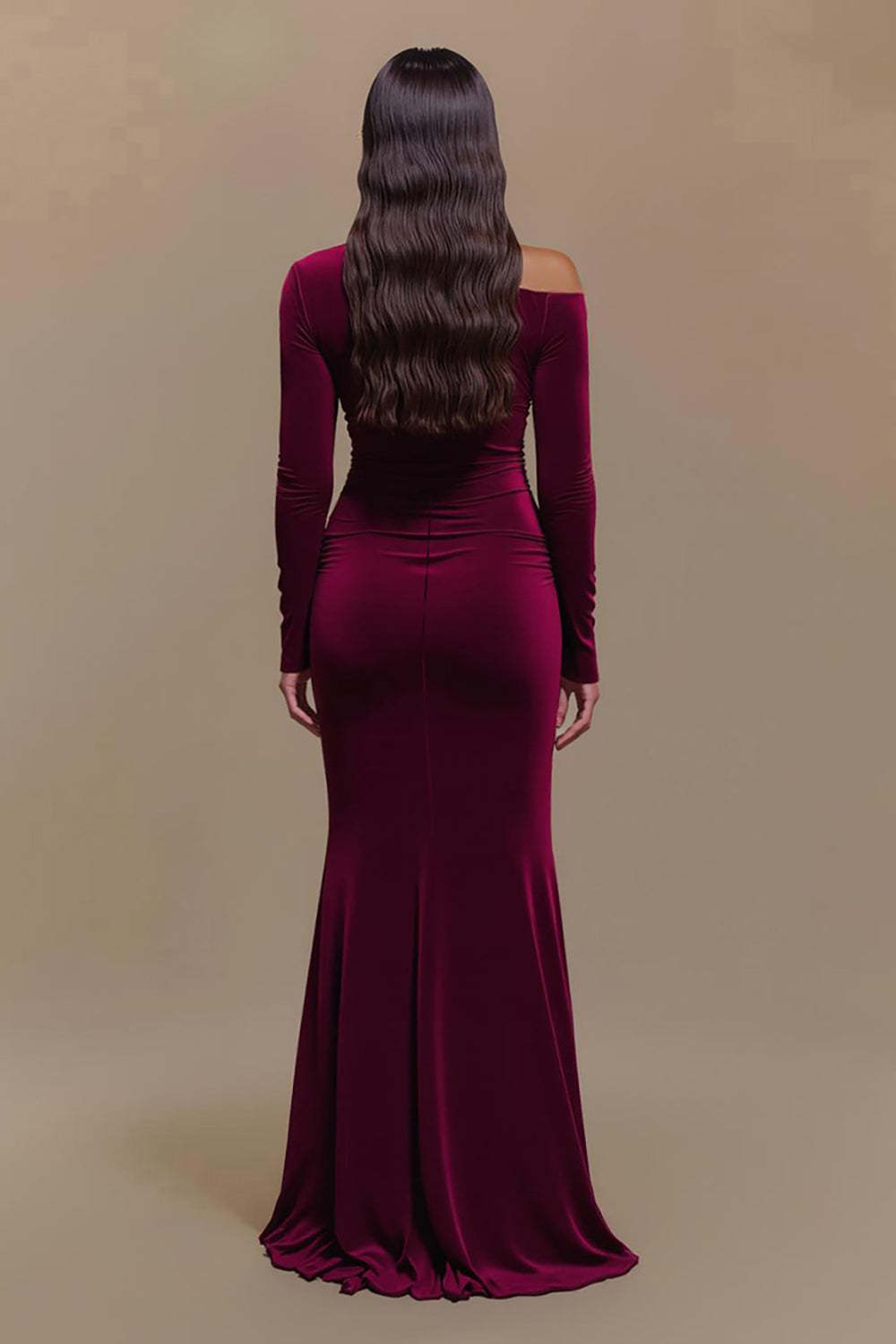 Burgundy One Shoulder Satin Sheath Long Sleeves Formal Dress with Slit