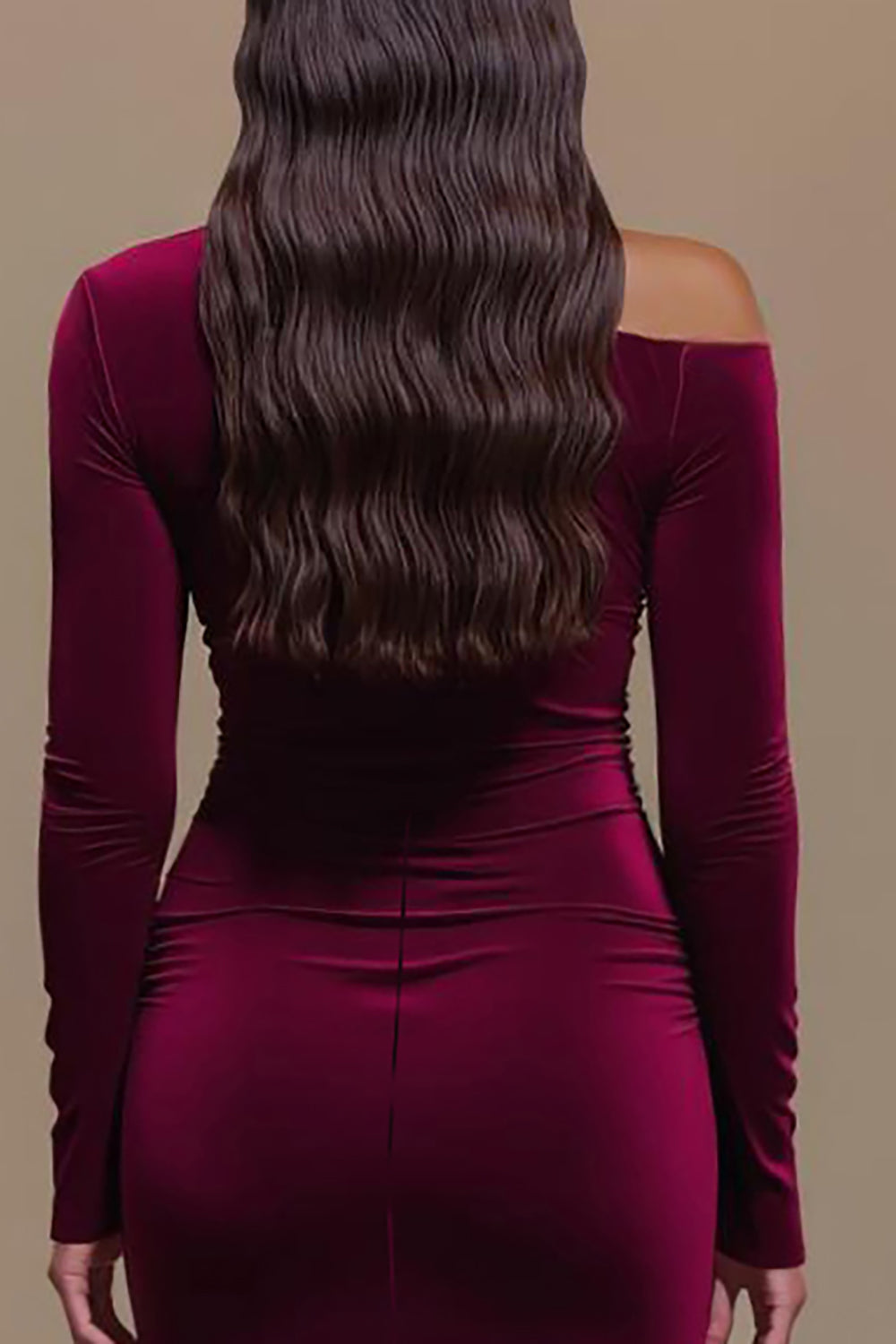 Burgundy One Shoulder Satin Sheath Long Sleeves Formal Dress with Slit