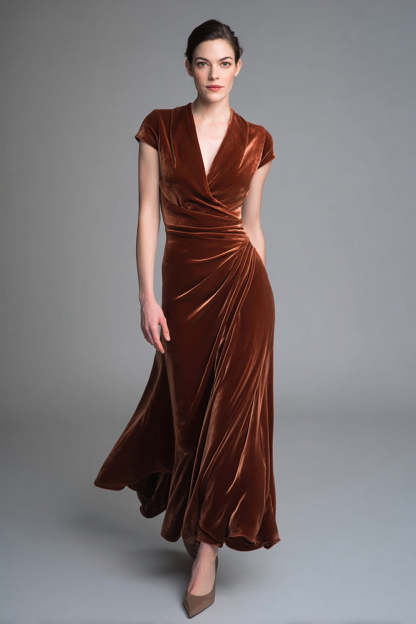 Caramel Velvet V Neck Ruched Maxi Holiday Party Dress with Sleeves
