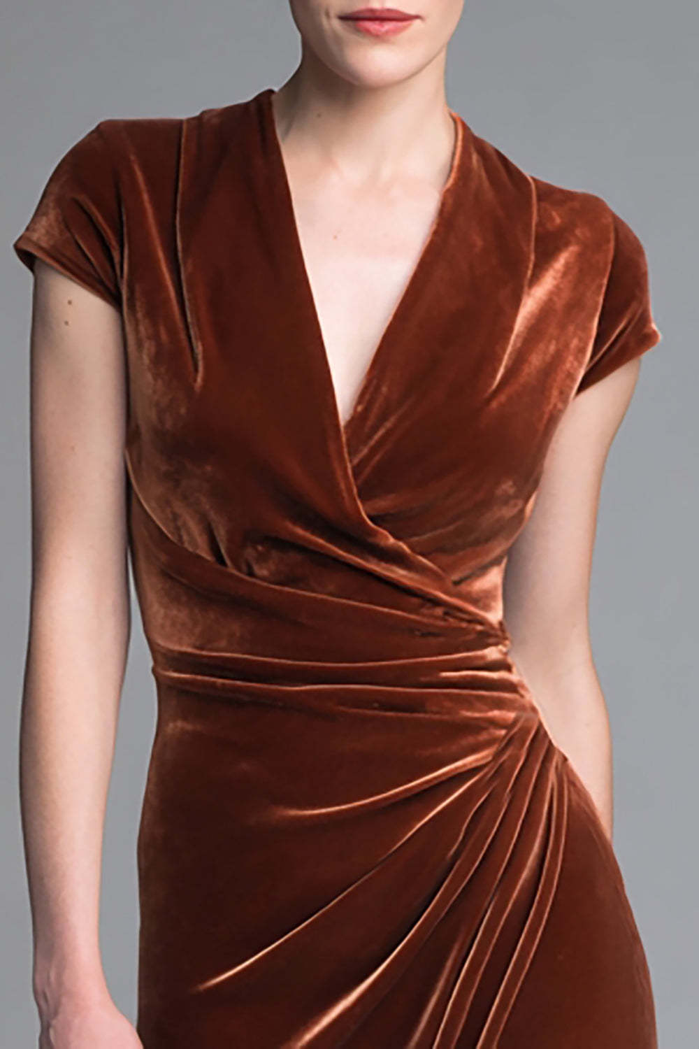 Caramel Velvet V Neck Ruched Maxi Holiday Party Dress with Sleeves