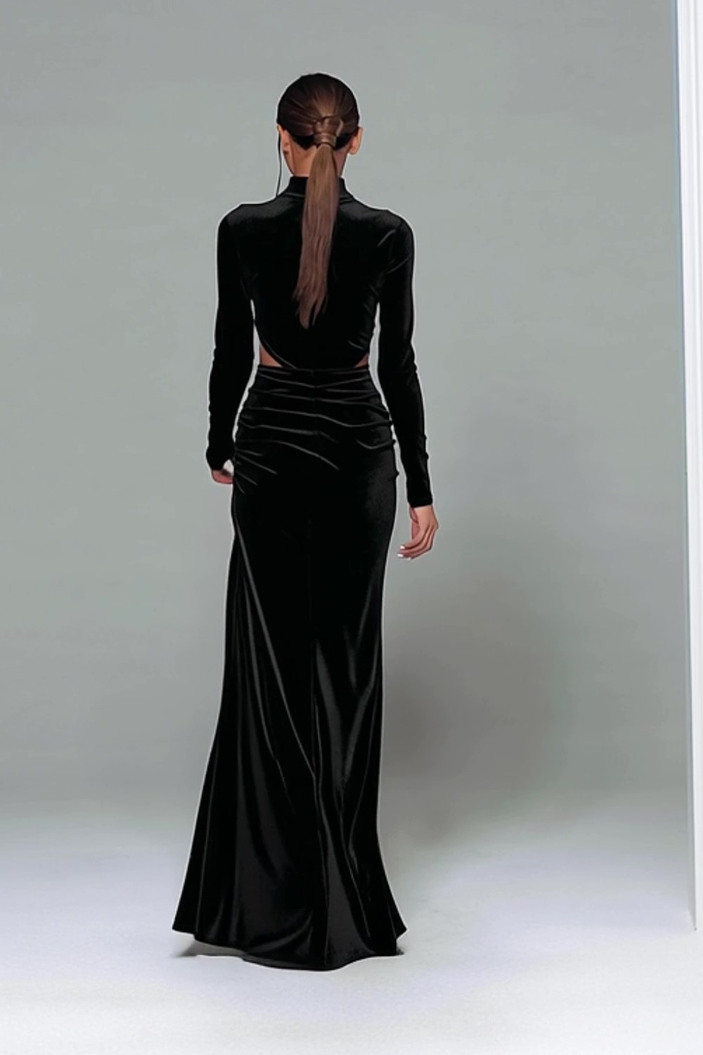 Black Velvet Sheath High Neck Cut Out Maxi Holiday Party Dress with Slit