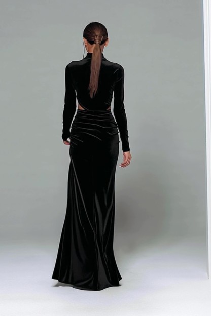 Black Velvet Sheath High Neck Cut Out Maxi Holiday Party Dress with Slit