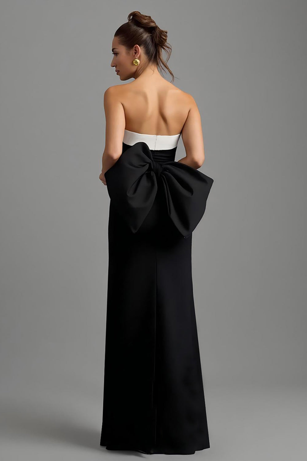 Black and White Sheath Strapless Bow Maxi Formal Dress with Slit