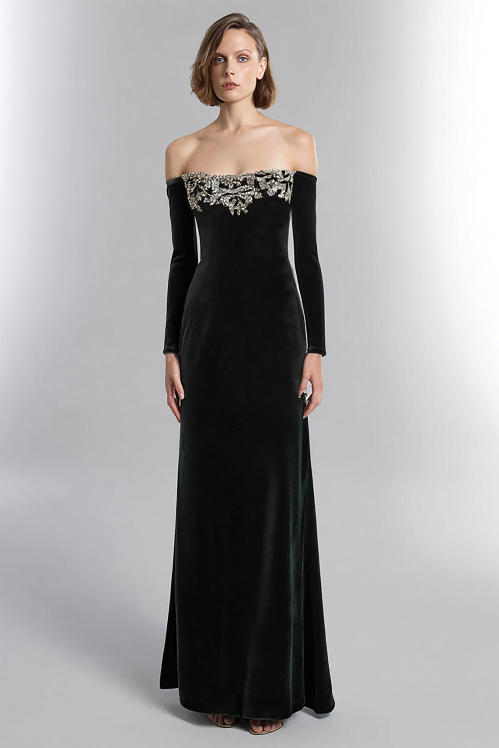 Leely Women Black Sheath Velvet Maxi Holiday Party Dress with Rhinestones Long Sleeves Formal Dress with Beading