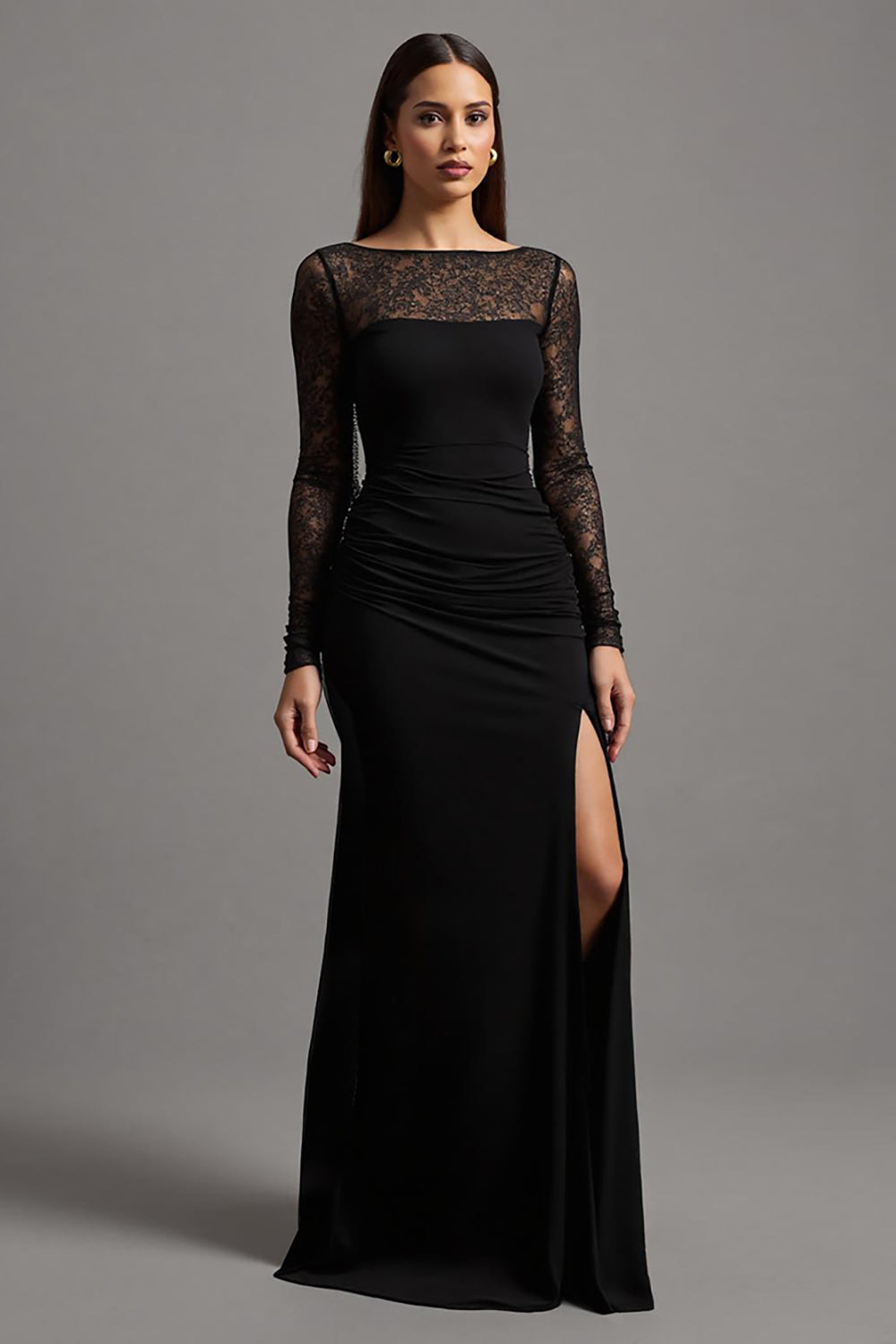 Leely Women Sheath Maxi Formal Dress with Slit Bateau Neck Long Sleeves Ruched Black Tie Dress with Lace