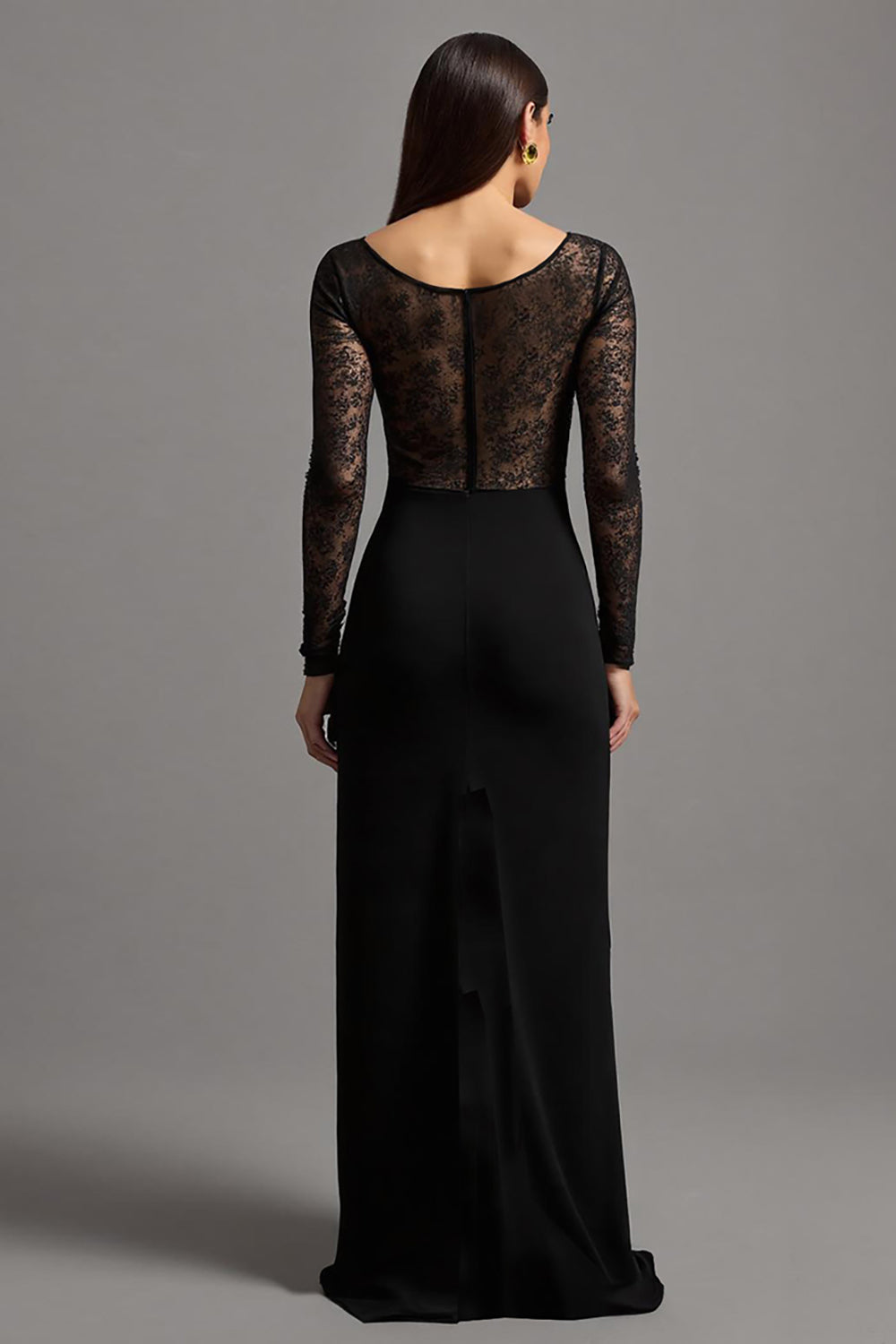 Sheath Black Illusion Neck Long Sleeves Formal Dress with Lace