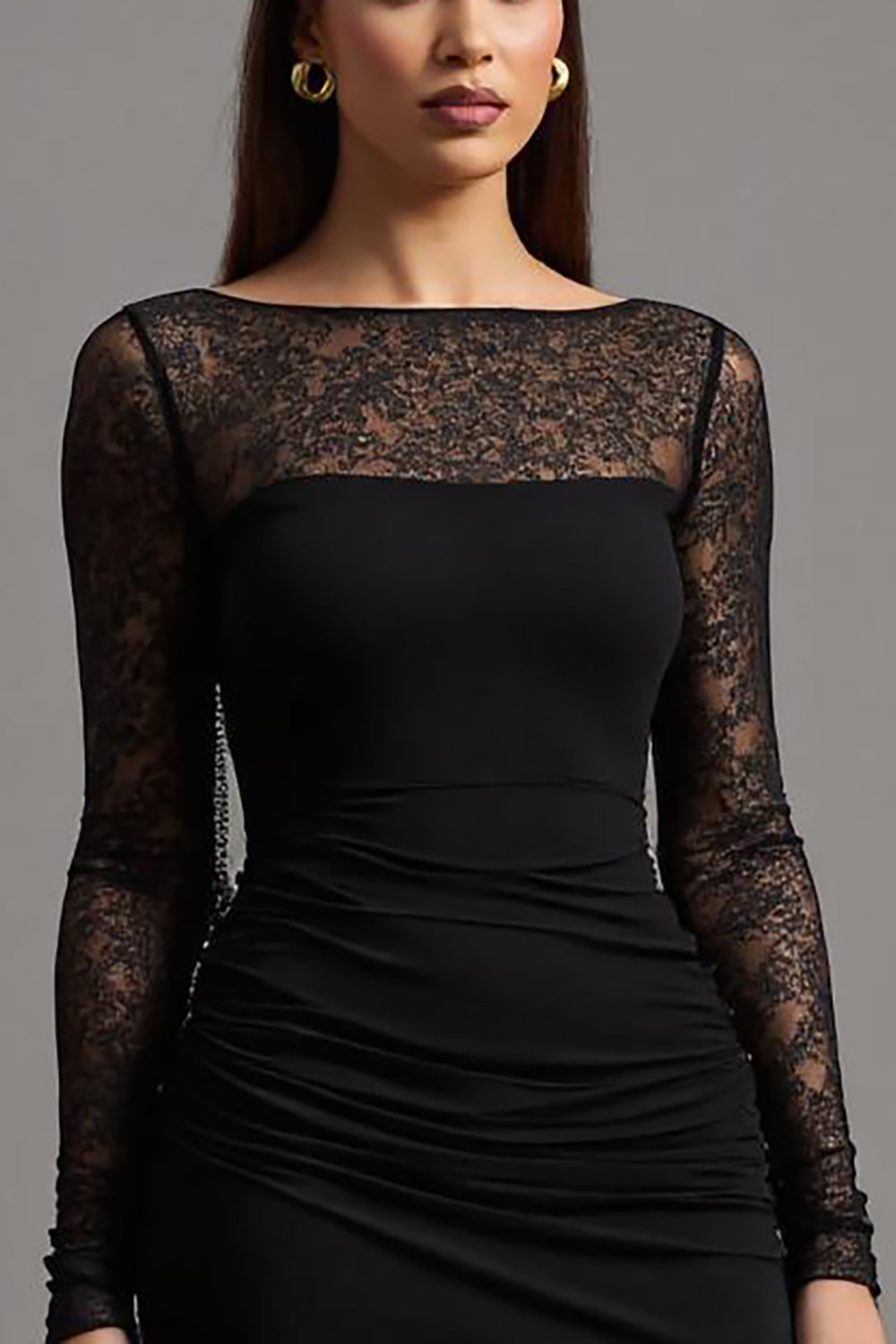Sheath Black Illusion Neck Long Sleeves Formal Dress with Lace