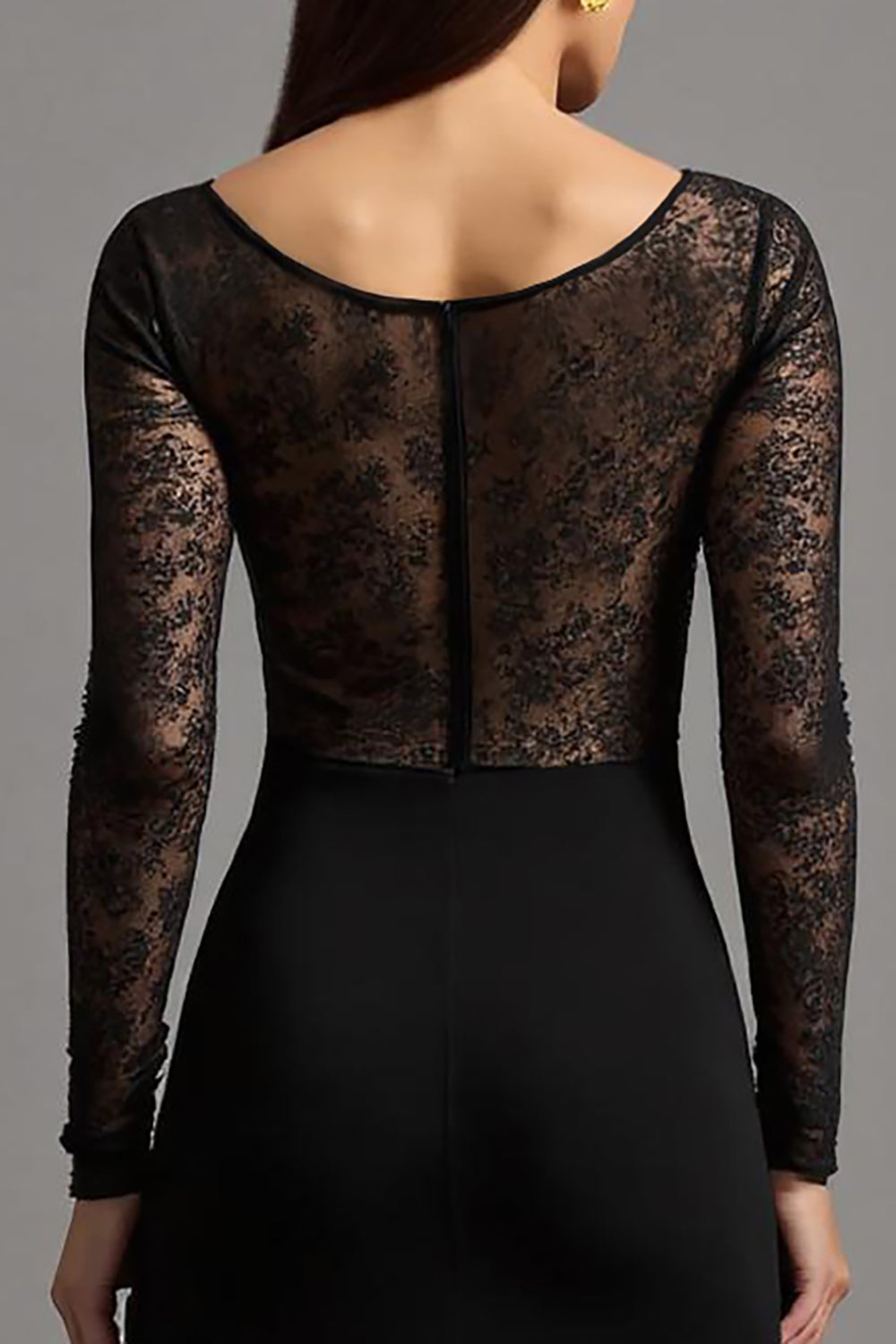 Sheath Black Illusion Neck Long Sleeves Formal Dress with Lace