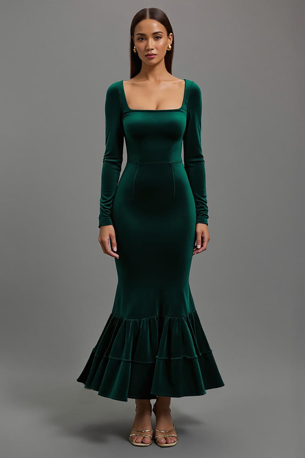 Leely Women Dark Green Velvet Mermaid Holiday Party Dress Long Sleeves Square Neck Ruffled Evening Dress