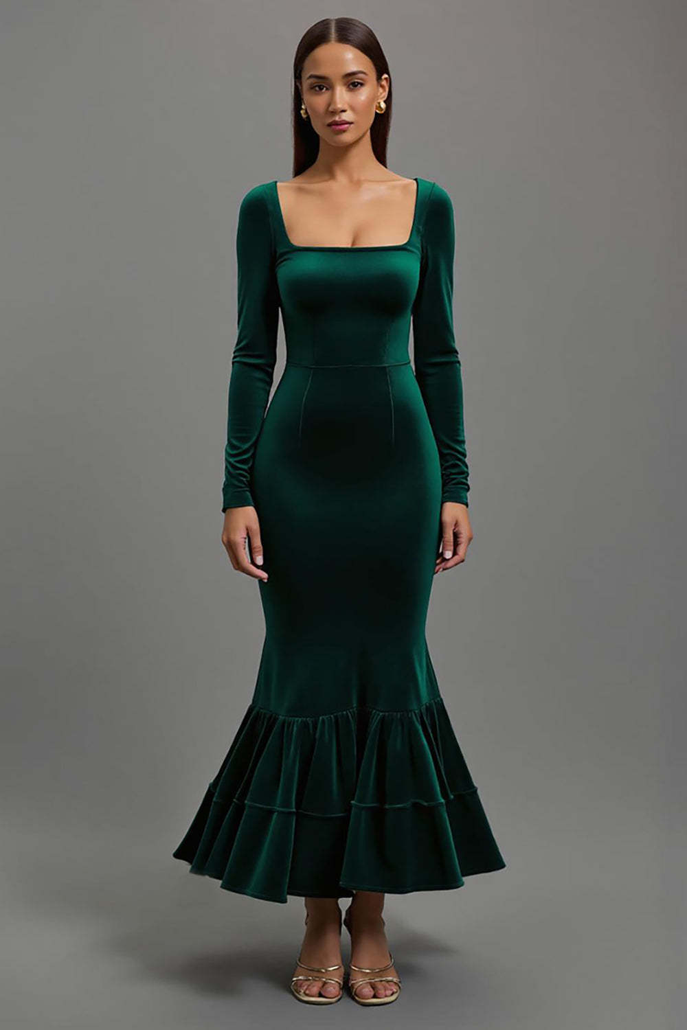Leely Women Dark Green Velvet Mermaid Holiday Party Dress Long Sleeves Square Neck Ruffled Evening Dress