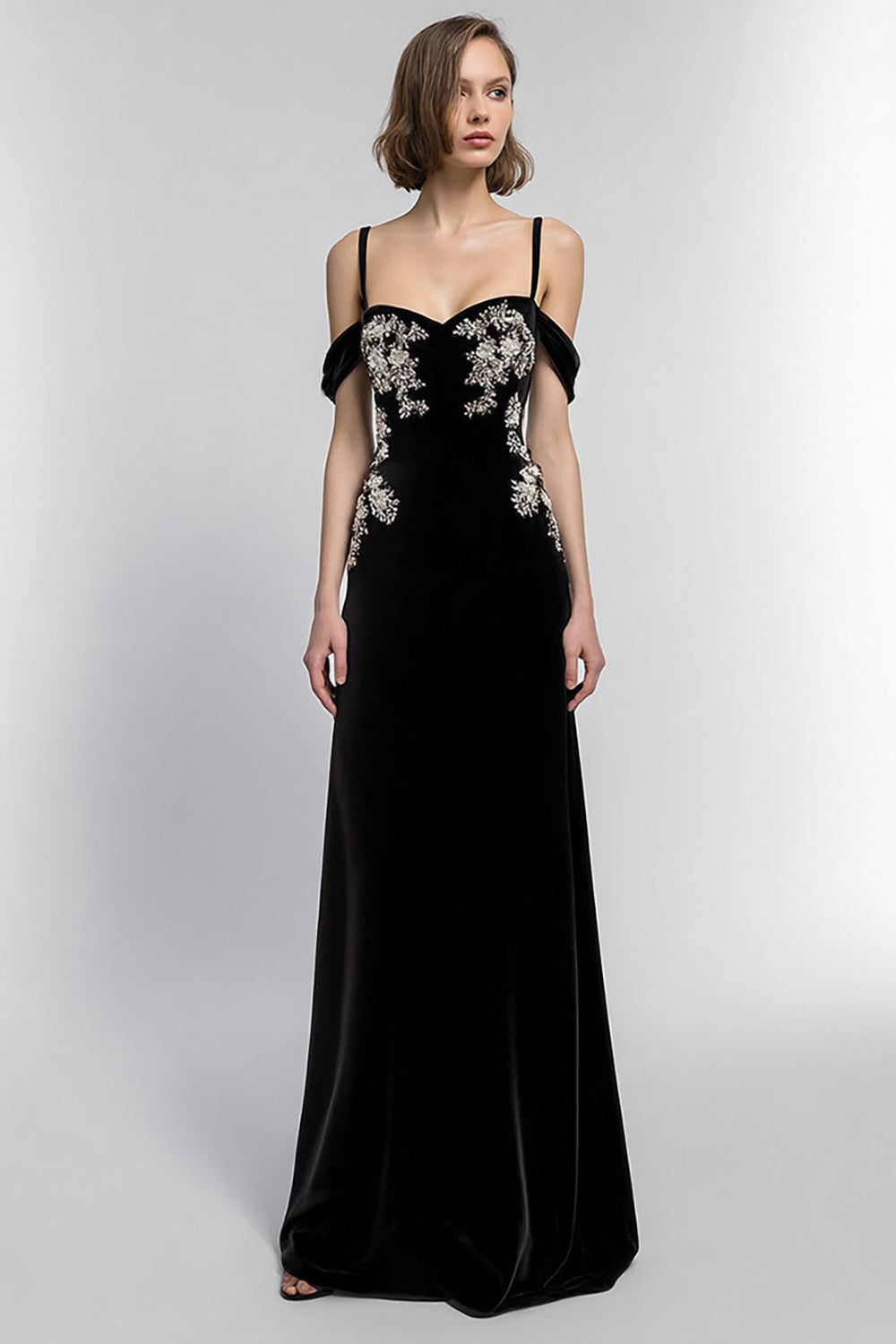 Leely Women Sparkly Black Maxi Velvet Holiday Party Dress A Line Cold Shoulder Formal Dress