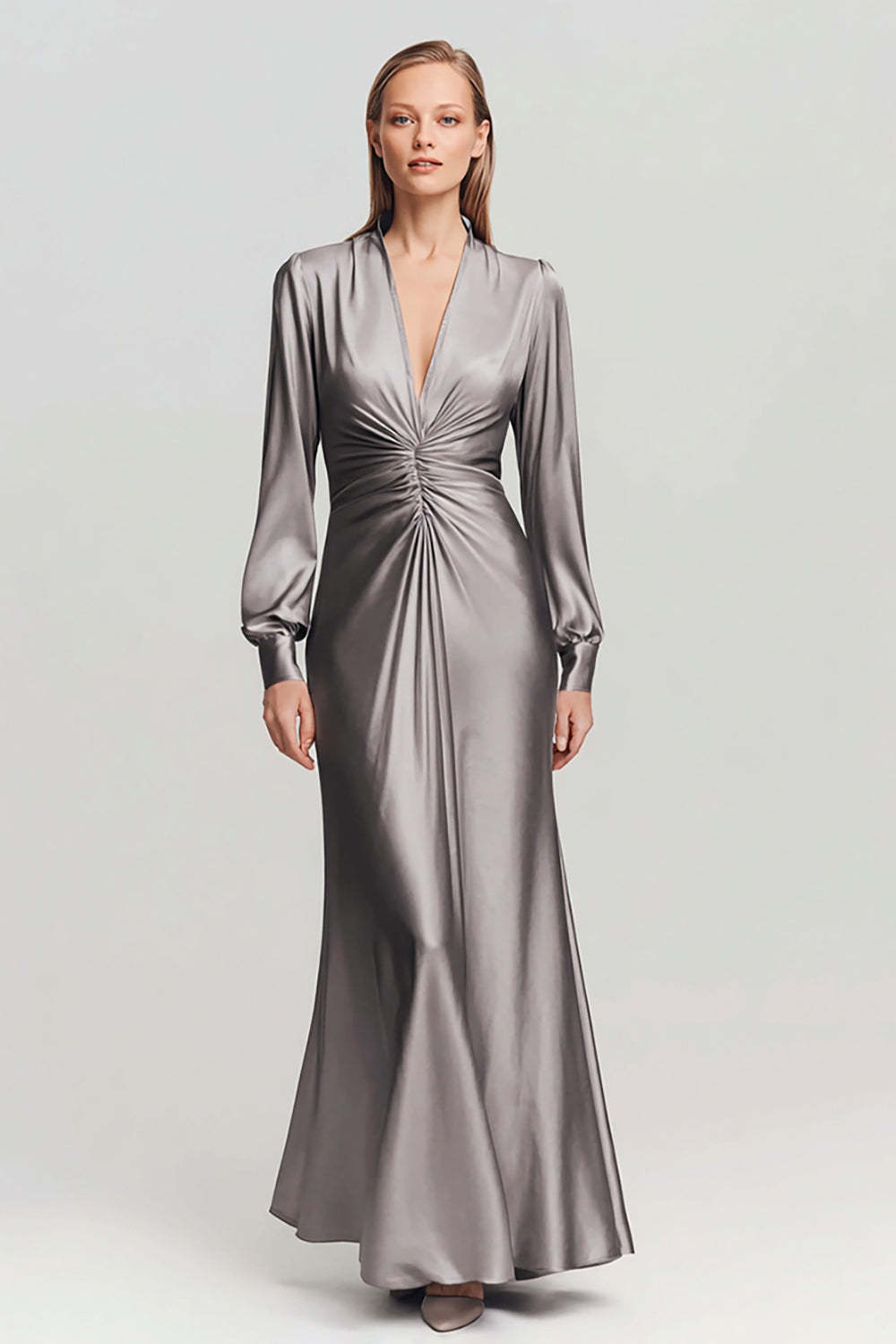 Leely Women Grey Satin Maxi Sheath Formal Dress V Neck Ruched Evening Dress with Sleeves
