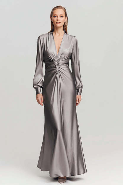 Leely Women Grey Satin Maxi Sheath Formal Dress V Neck Ruched Evening Dress with Sleeves