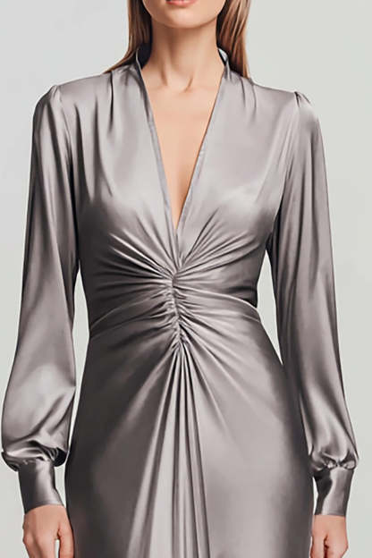 Maxi Grey Satin V Neck Ruched Formal Dress with Sleeves