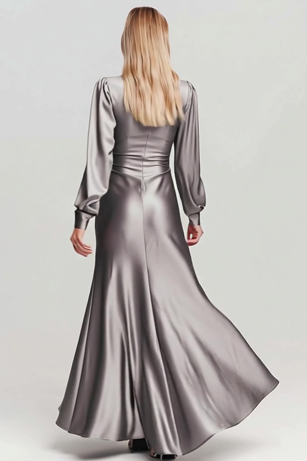 Maxi Grey Satin V Neck Ruched Formal Dress with Sleeves