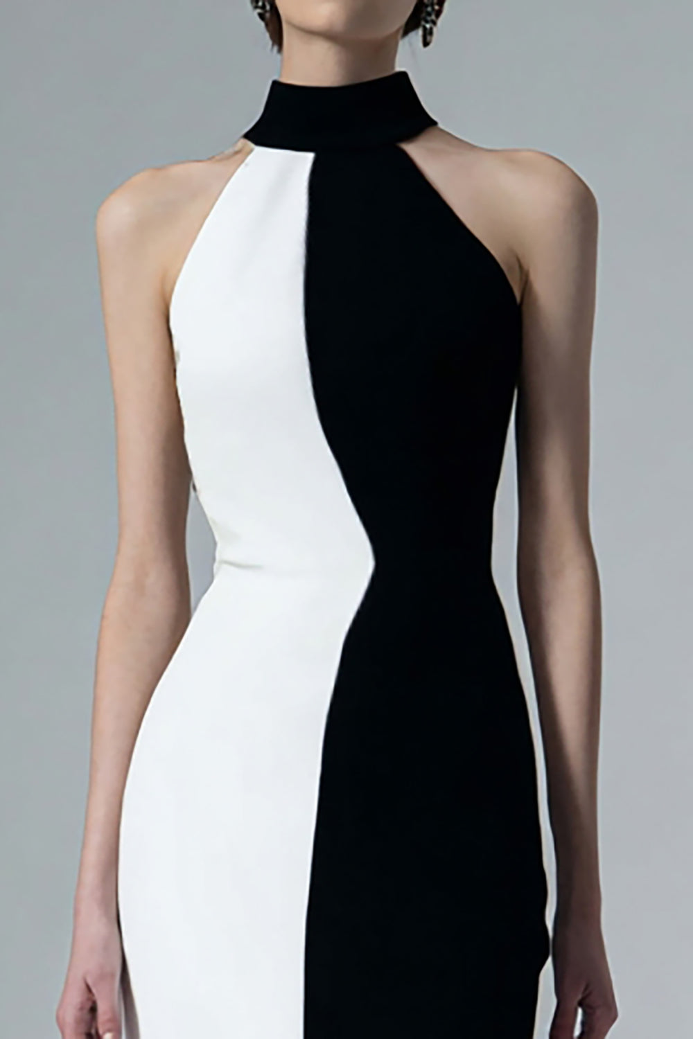 Black and White Sheath High Neck Maxi Formal Dress with Slit