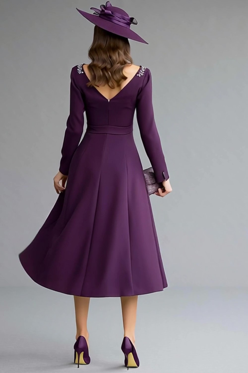 Midi Dark Purple Boat Neck Mother of the Bride Dress with Beading