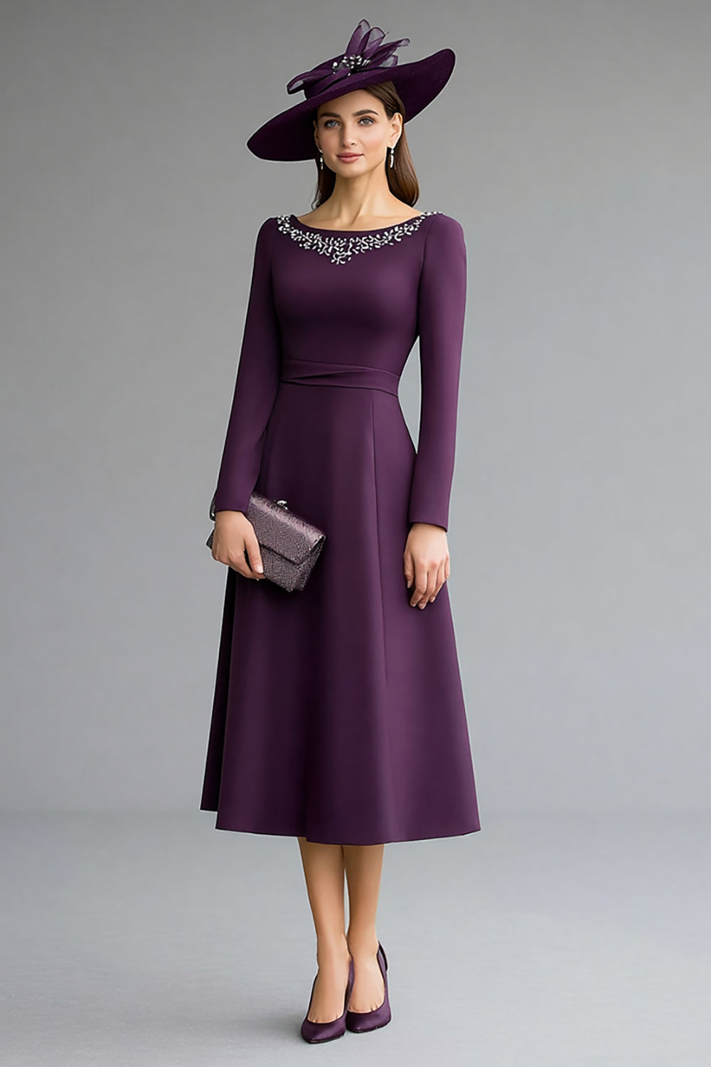 Leely Women Dark Purple Midi A Line Mother of the Bride Dress with Beading Boat Neck Ruched Wedding Guest Dress with Sleeves