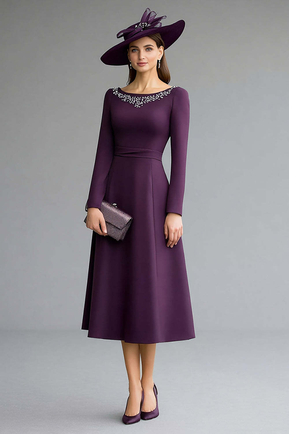 Leely Women Dark Purple Midi A Line Mother of the Bride Dress with Beading Boat Neck Ruched Wedding Guest Dress with Sleeves