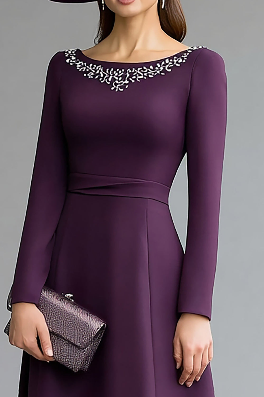 Midi Dark Purple Boat Neck Mother of the Bride Dress with Beading