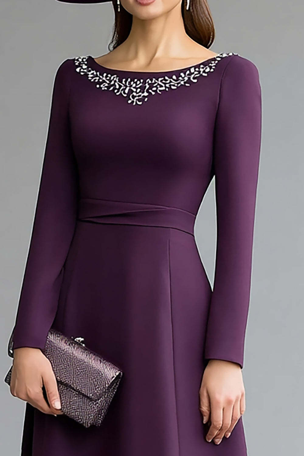 Midi Dark Purple Boat Neck Mother of the Bride Dress with Beading