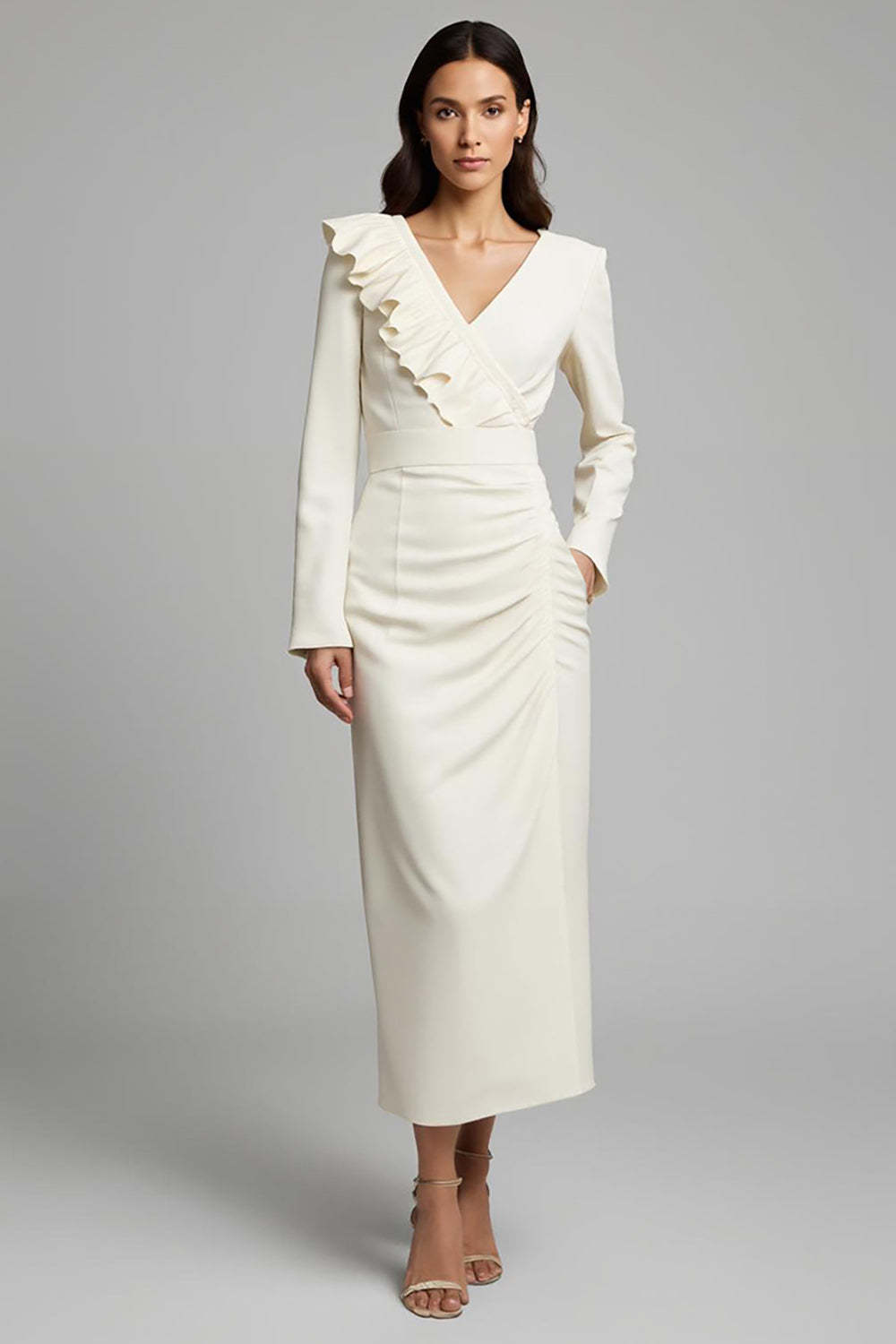 Leely Women Ivory Maxi Pencil Work Dress with Ruffles V-Neck Ruched Business Dress with Sleeves