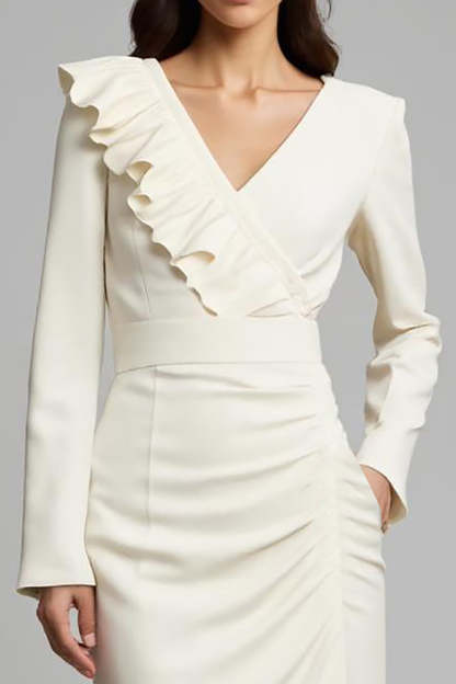 Ivory Pencil V-Neck Ruched Maxi Work Dress with Ruffles