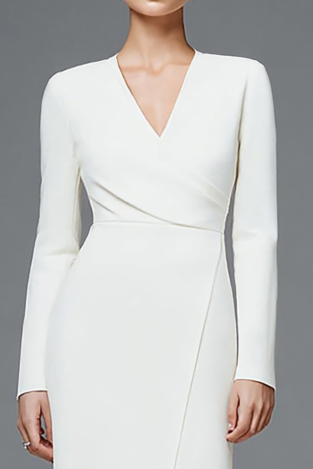 Ivory V-Neck Pencil Ruched Long Sleeves Simple Work Dress