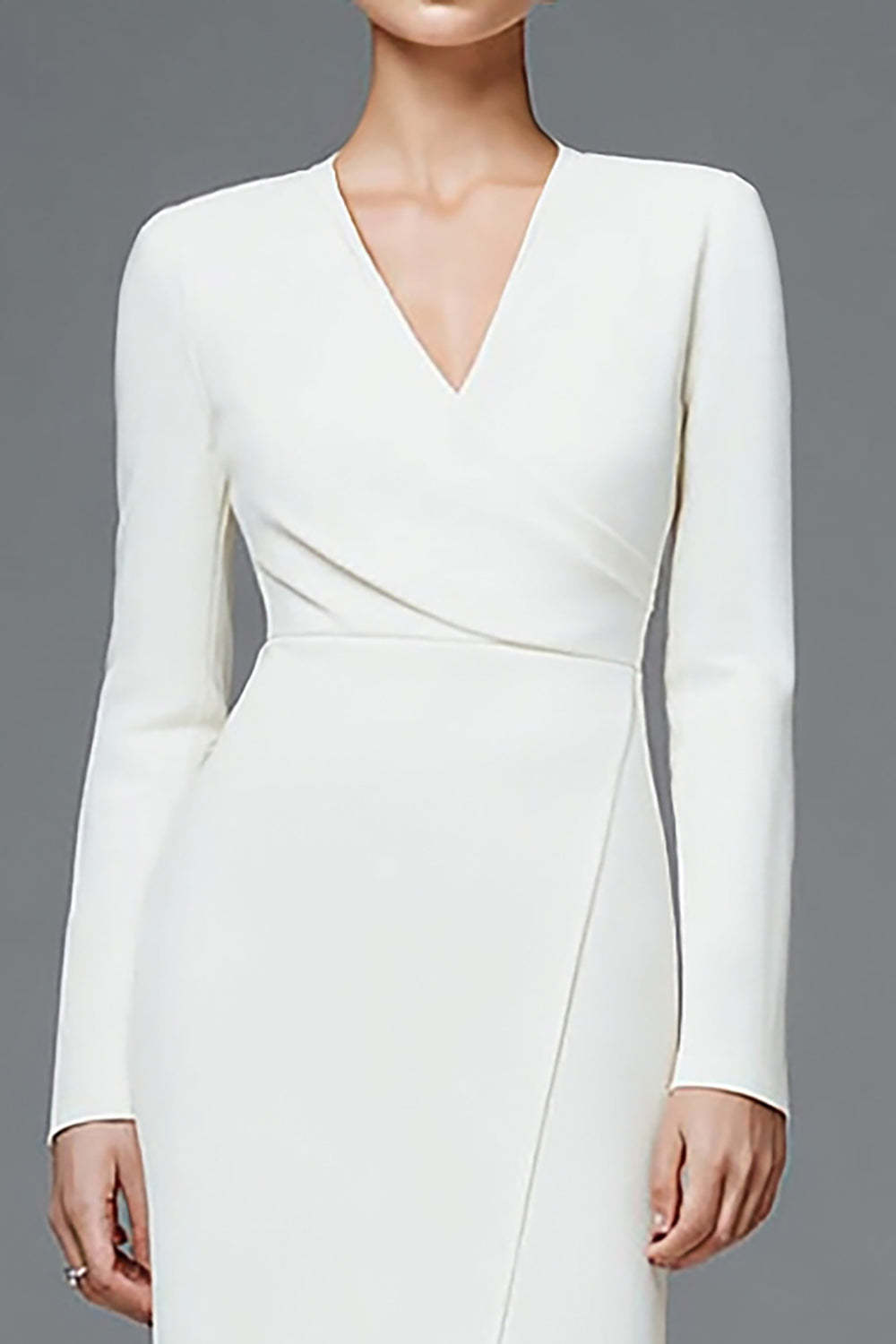 Ivory V-Neck Pencil Ruched Long Sleeves Simple Work Dress