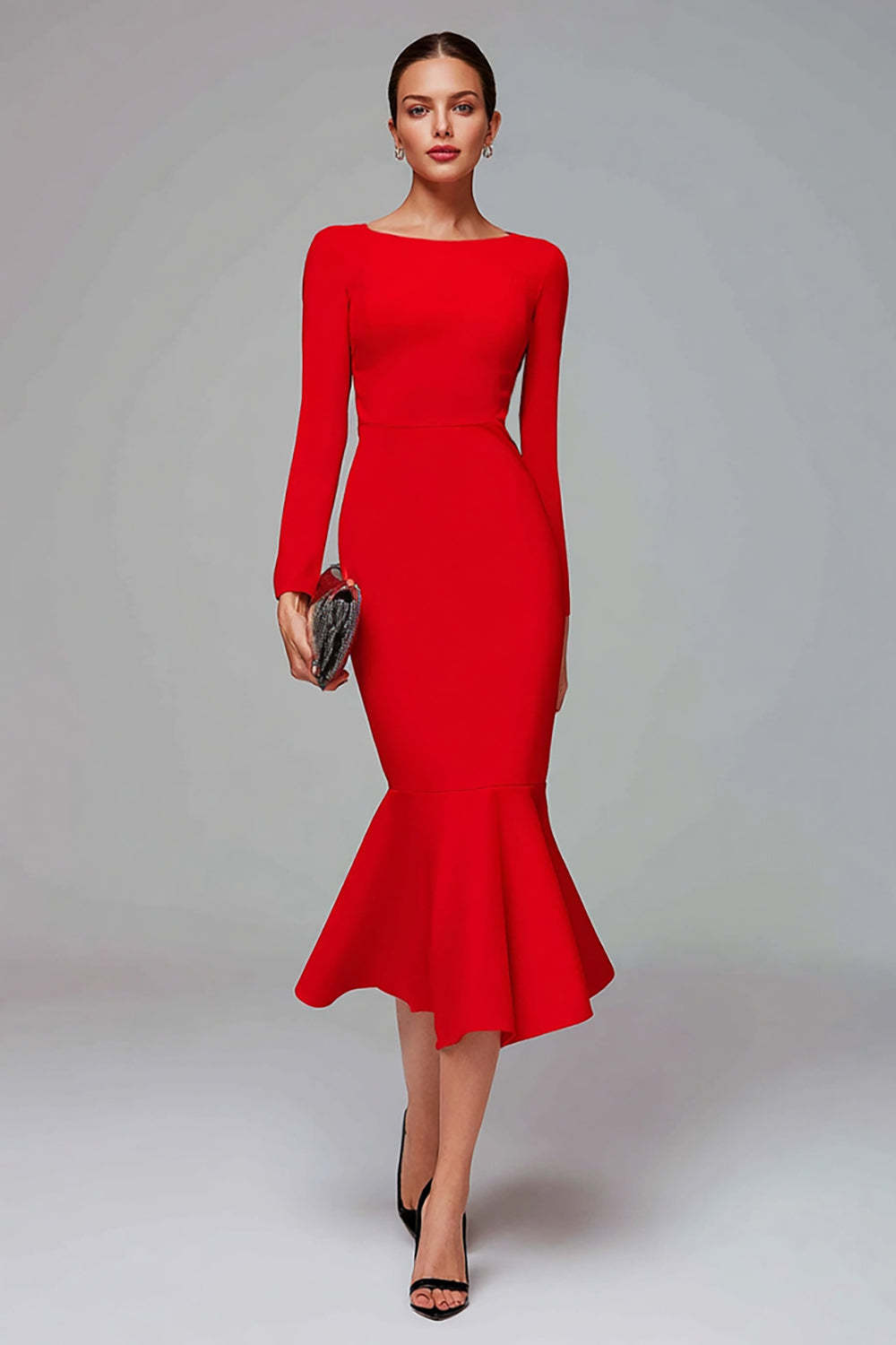 Elegant Midi Red Mermaid Long Sleeves Work Dress