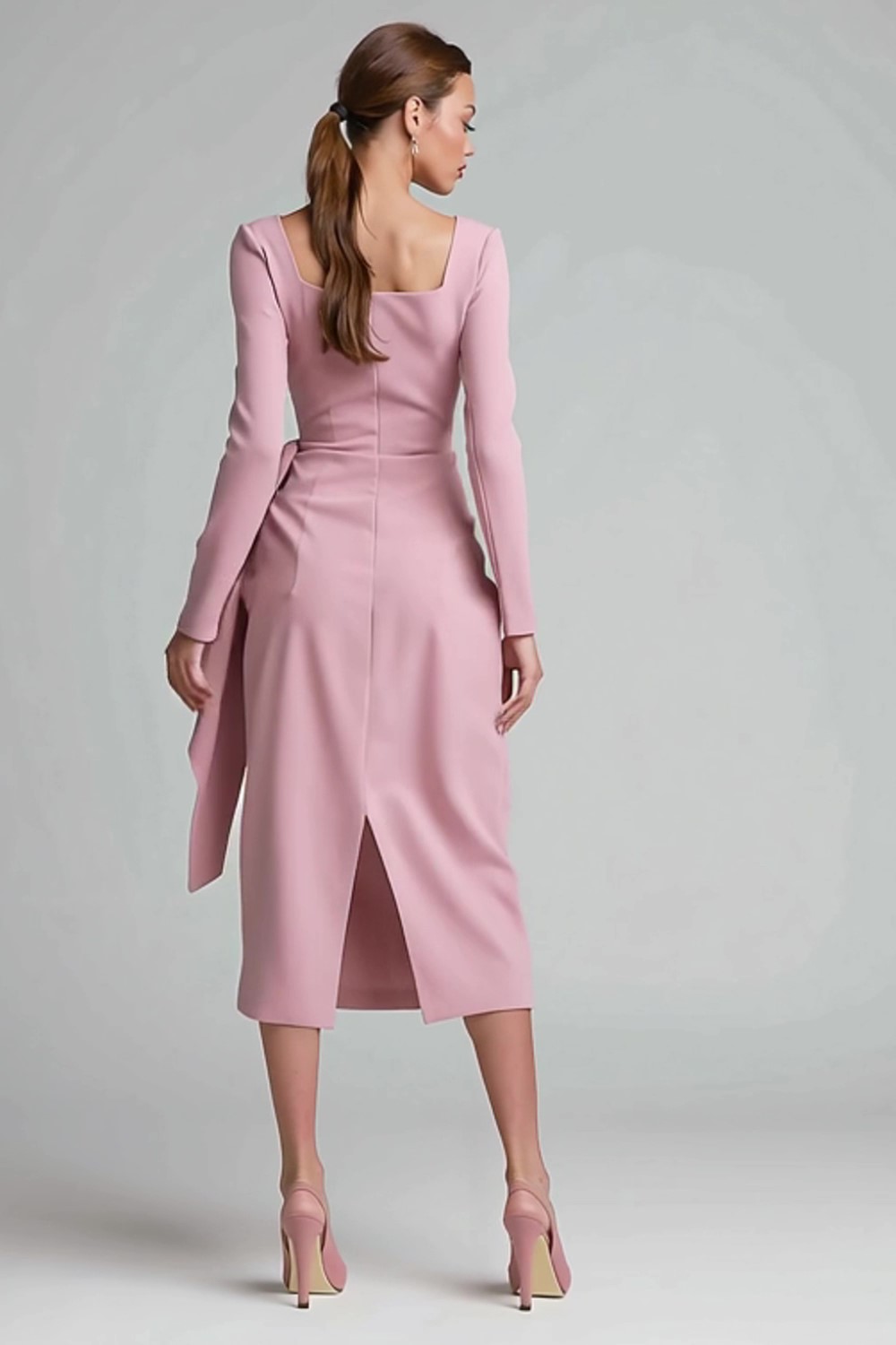 Midi Pencil Pink Ruched Square Neck Work Dress with Ruffles