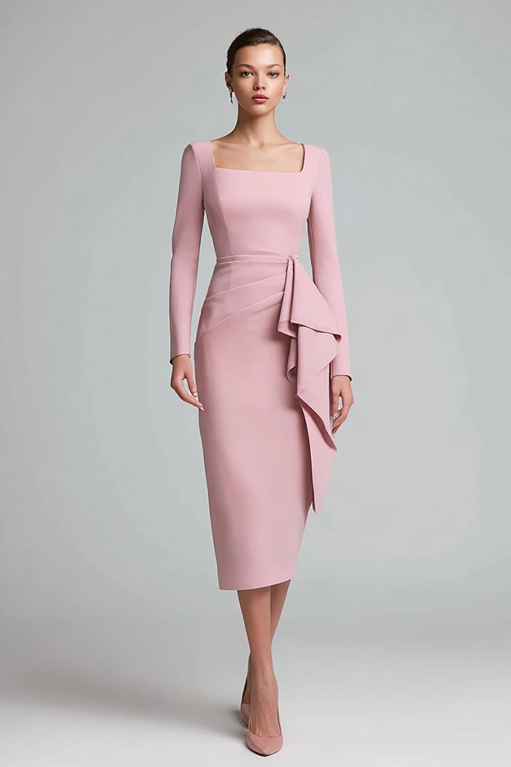 Midi Pencil Pink Ruched Square Neck Work Dress with Ruffles