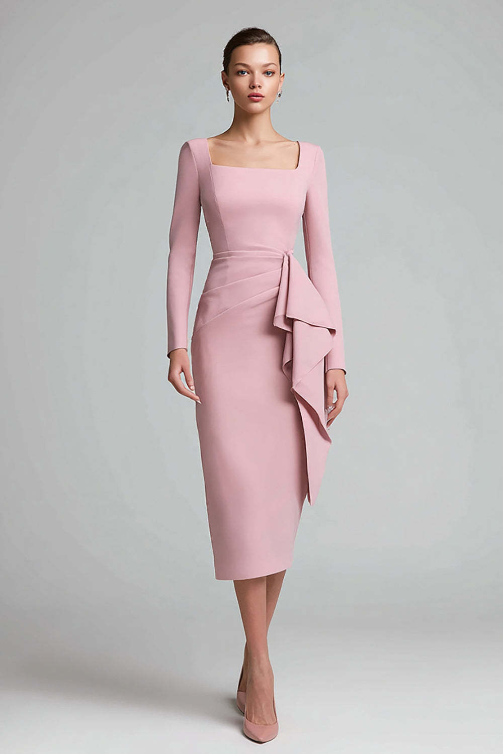 Leely Women Pink Pencil Midi Work Dress with Ruffles Square Neck Long Sleeves Ruched Business Dress