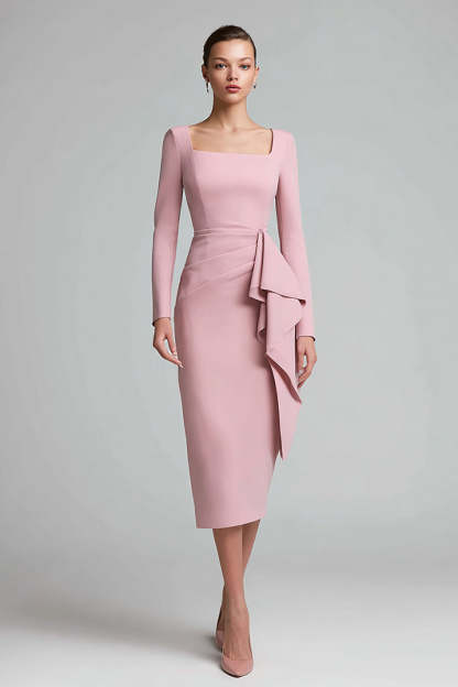 Leely Women Pink Pencil Midi Work Dress with Ruffles Square Neck Long Sleeves Ruched Business Dress