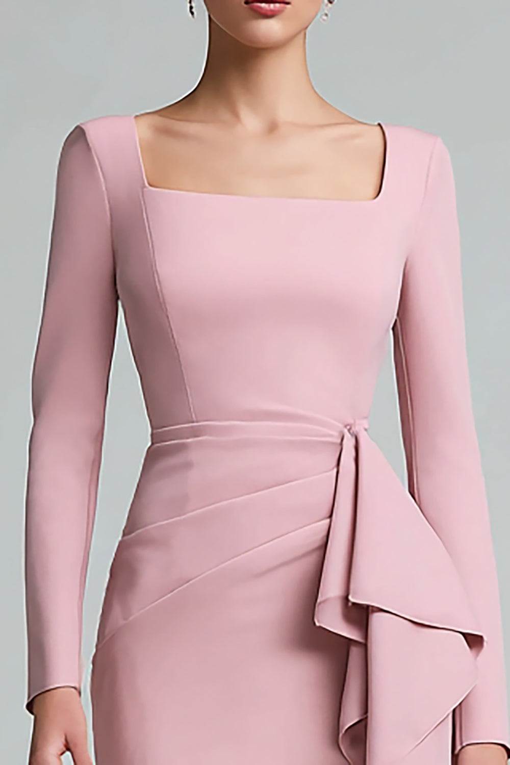 Midi Pencil Pink Ruched Square Neck Work Dress with Ruffles