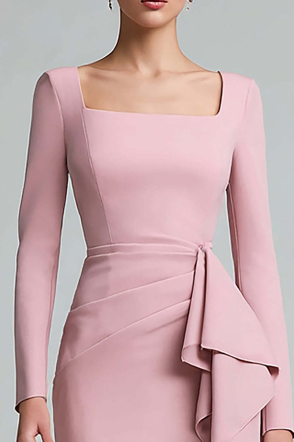 Midi Pencil Pink Ruched Square Neck Work Dress with Ruffles
