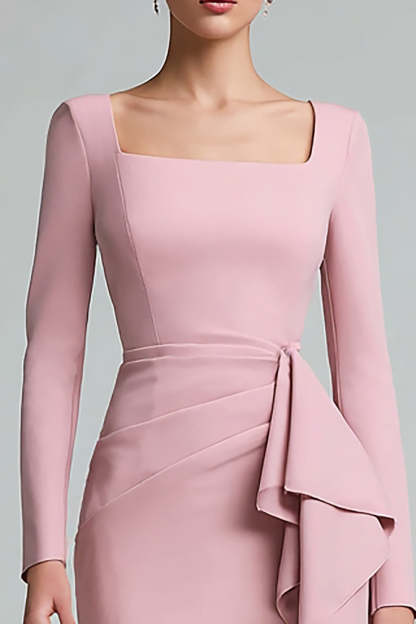 Midi Pencil Pink Ruched Square Neck Work Dress with Ruffles