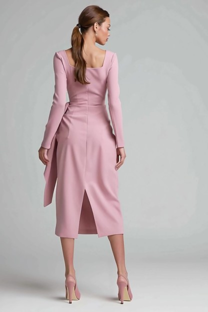Midi Pencil Pink Ruched Square Neck Work Dress with Ruffles