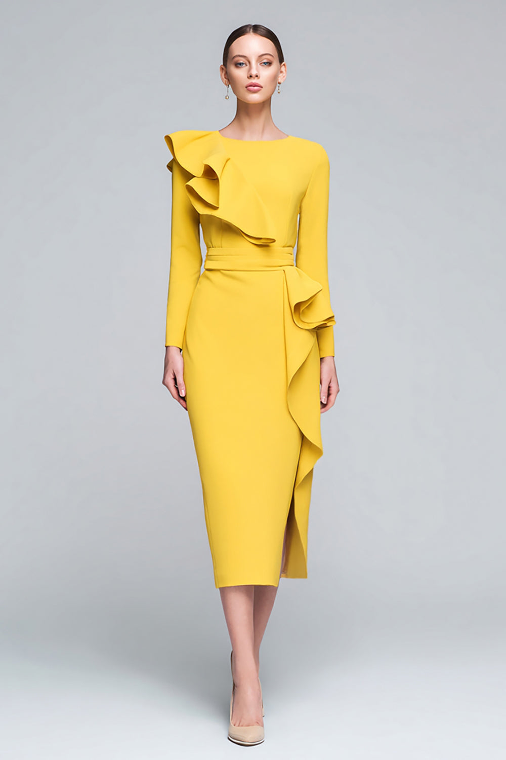 Yellow Ruffled Pencil Jewel Neck Long Sleeves Work Dress with Slit
