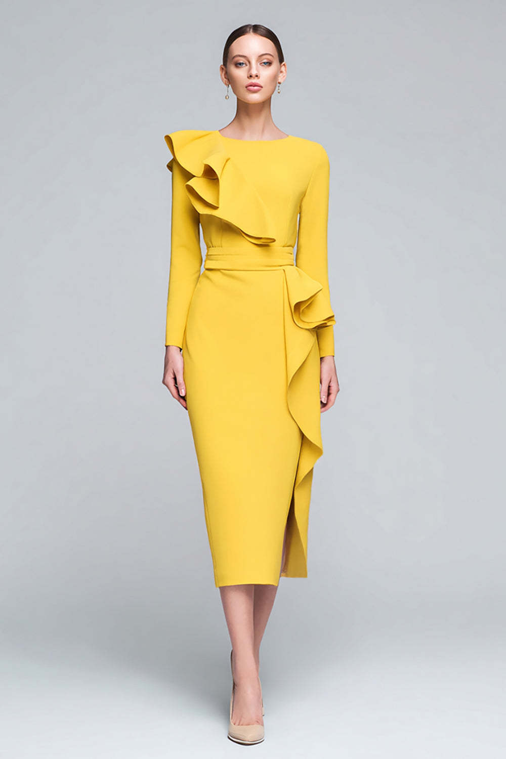 Leely Women Yellow Pencil Work Dress with Slit Long Sleeves Jewel Neck Business Dress with Ruffles