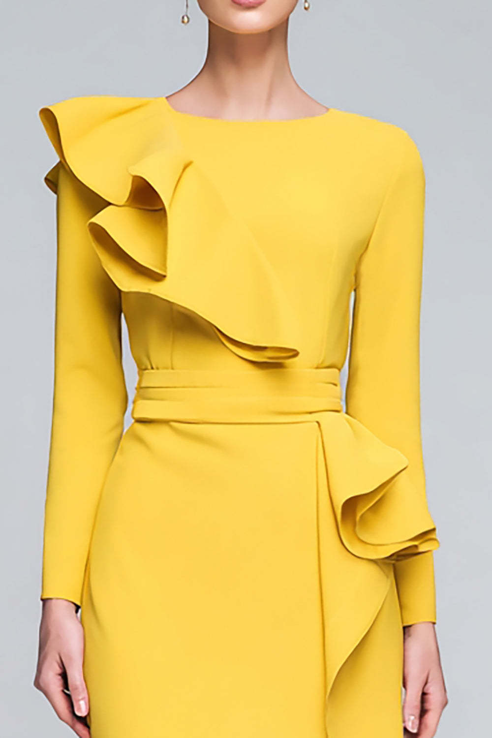 Yellow Ruffled Pencil Jewel Neck Long Sleeves Work Dress with Slit
